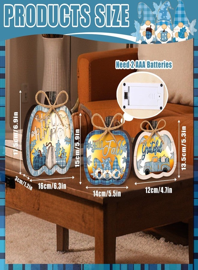 Tujoe 3 Pcs Thanksgiving Pumpkin Wooden Signs Light up Blue Pumpkin Centerpiece Tabletop Decor Fall Decorations for Home Thanksgiving Lights Tiered Tray Decor for Kitchen Harvest Party Supplies - Image 3